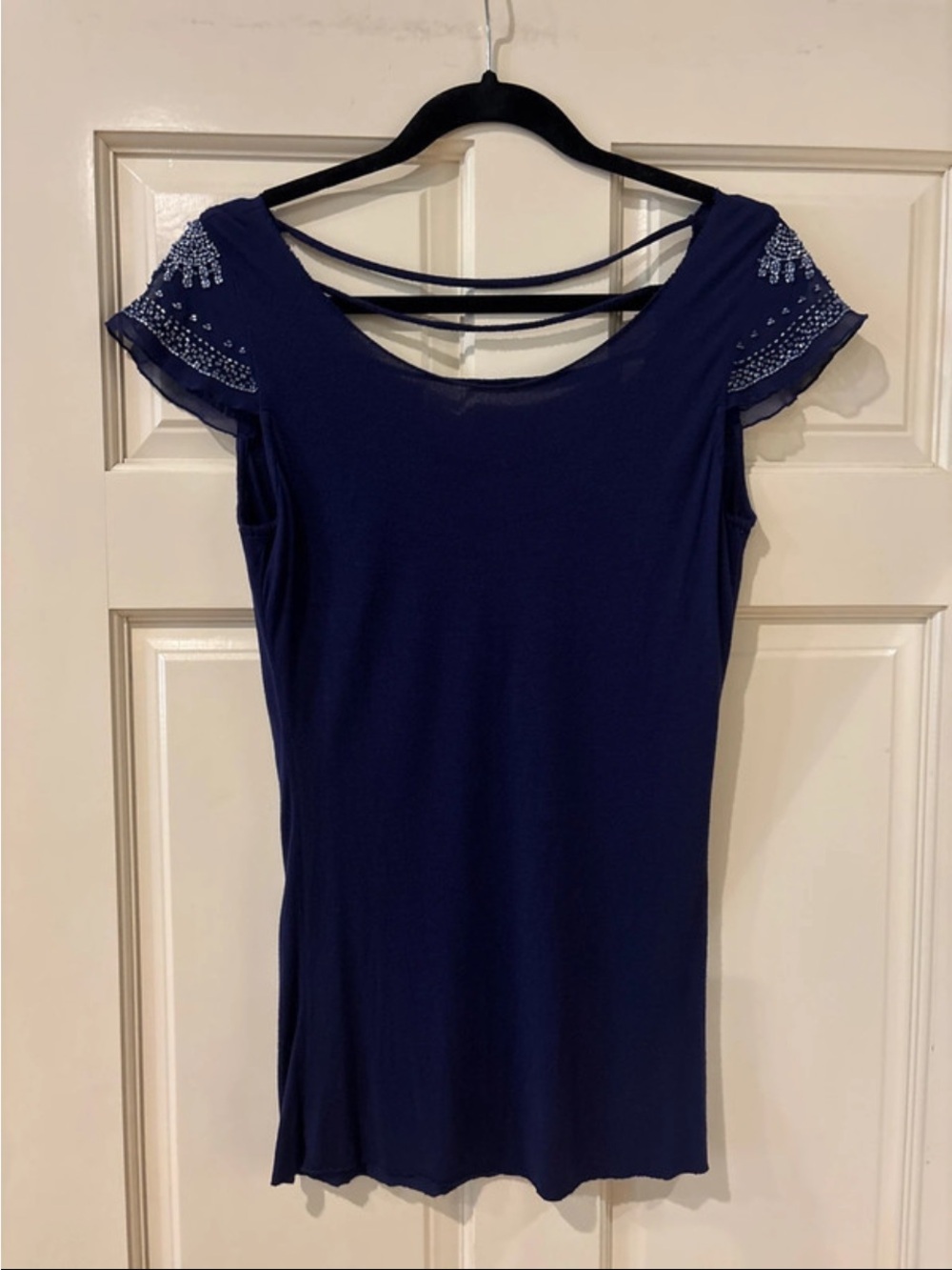 Lux Navy Cold-Shoulder Short Sleeve Top with Beaded Accents